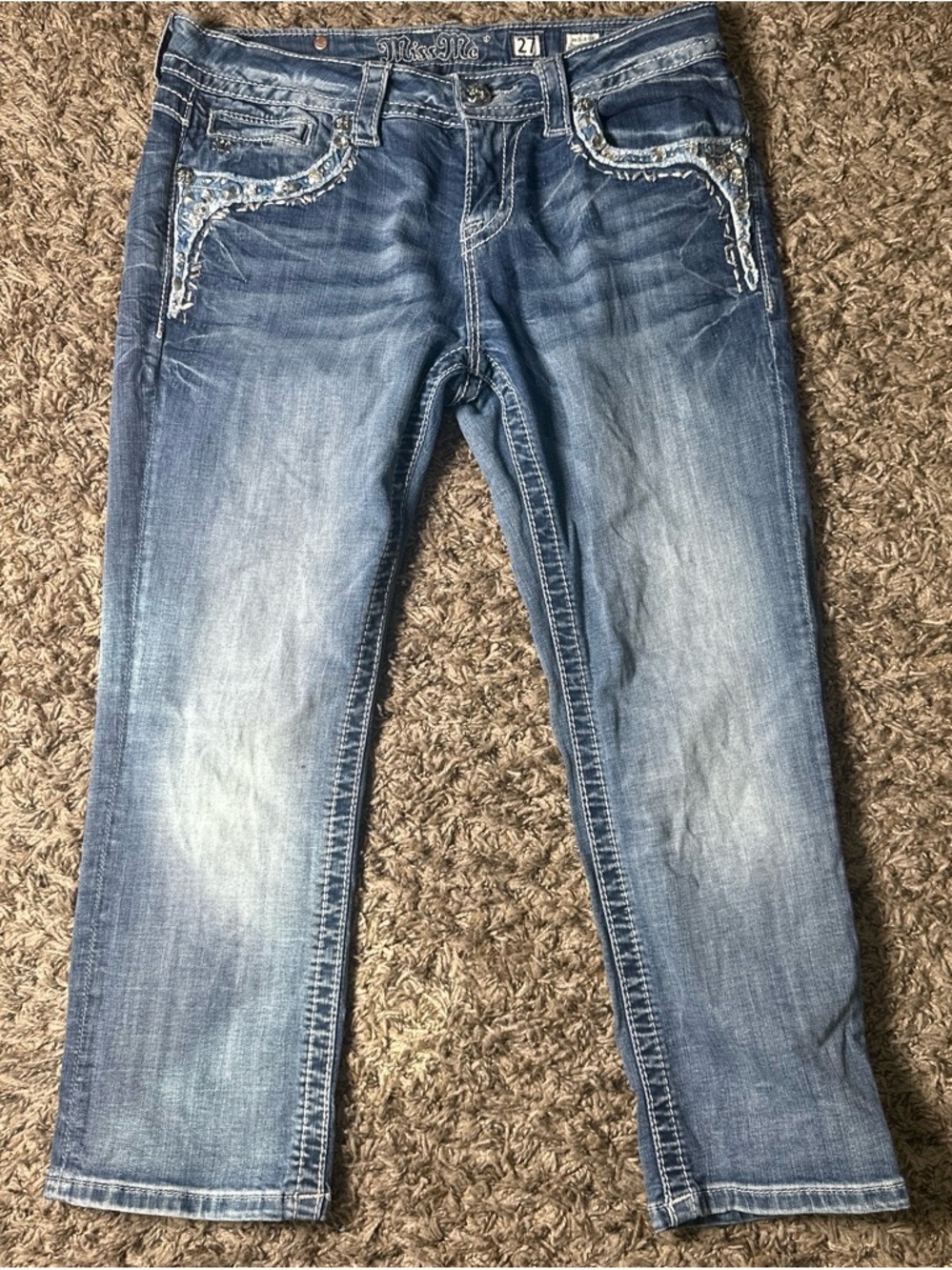 Miss Me Embellished Women’s Denim Jeans - Light Blue with White Stitching